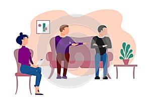 Married caucasian couple of two men having therapeutical meeting at psychologist office. Flat style stock vector