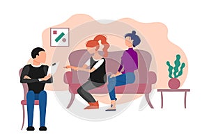 Married caucasian couple of two women having therapeutical meeting at psychologist office. Flat style stock  illustration photo