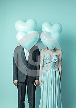 Married couple with heart shaped balloons in front of their faces.