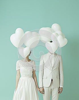 Married couple with heart shaped balloons in front of their faces.