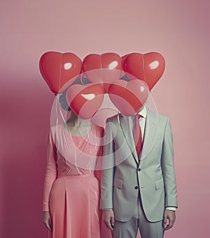 Married couple with heart shaped balloons in front of their faces.