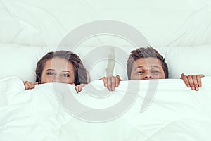 Married Couple Lying Together People Shy in Bed.