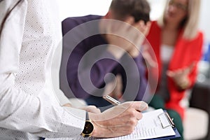 Married couple at psychologist`s a appointment closeup