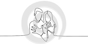 Married couple showing his and her ring after wedding with continuous single one line art drawing vector