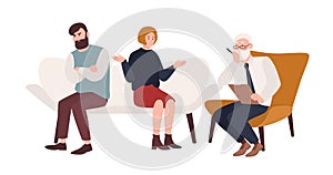 Married couple on sofa and elderly psychologist, psychoanalyst or psychotherapist sitting in front of them. Marriage