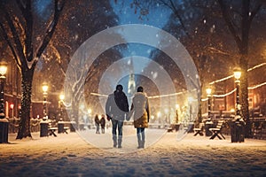 married couple takes a winter evening stroll through the snow-covered city park