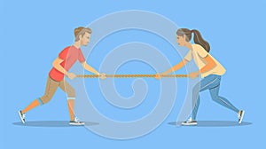 A married couple tug of wars over a rope. Modern flat illustration of rivalry and conflict in the family about relations