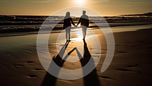 A married couple walking on the beach, embracing at sunset generated by AI