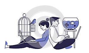 Married couple working together on laptops at home.