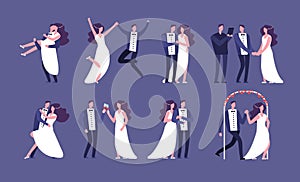 Married couples. Newly wed bride and groom, wedding celebration cartoon characters. Just married happy people vector set