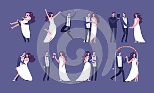 Married couples. Newly wed bride and groom, wedding celebration cartoon characters. Just married happy people vector set photo
