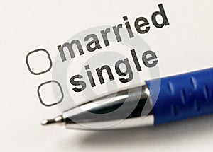 Married or single. blank checkbox with on white paper with pen. Family status form. Marital Status form, Questionnaire. Answer is