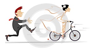 Married wedding couple. Bride rides away from the bridegroom on the bicycle