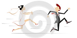 Married wedding couple. Bridegroom runs away from the bride illustration