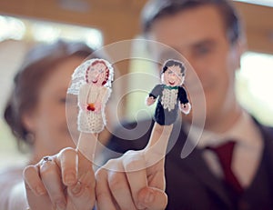 Married Wedding Couple With Matching Finger Puppets. Unique Celebration.