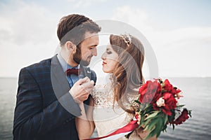 Married wedding couple standing on a wharf over the sea