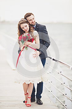 Married wedding couple standing on a wharf over the sea