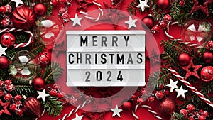 Marry Christmas banner concept.White board with text Happy Xmas 2024 among Christmas red decor,balls,berries, striped candy canes,