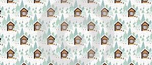 Marry Christmas and Happy New Year pattern illustration. Houses in snowfall, rural winter landscape at holiday.