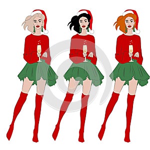 Marry Christmas and Happy new year. Three identical girls with different hair colors.