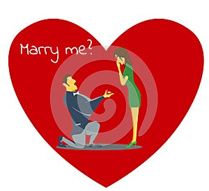 Marry me cartoon illustration for valentines day. The man makes an offer to a girl kneeling.