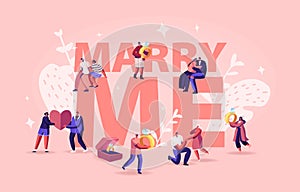 Marry Me Concept. Men Making Romantic Proposal to Women, Giving Engagement Ring Standing on Knee. Love