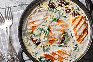 Marry Me Salmon smothered in a buttery, creamy sun-dried tomato spinach sauce closeup in the pan. Horizontal top view