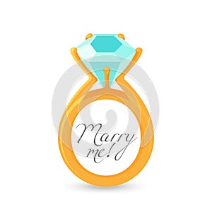 Marry me sign and gold engagement ring with diamond