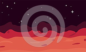 Mars background with flat design science planet. Alien red planet mars with stars. Research cosmas vector illustration landscape