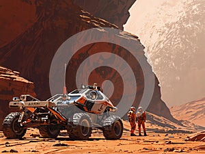 Mars in canyon with all terrain vehicle