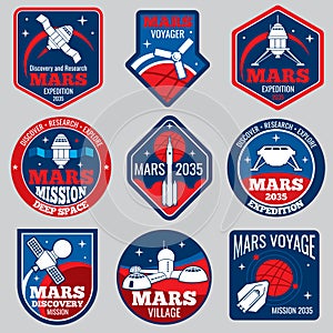 Mars colonization vector retro space logos and labels set