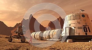 Mars colony. Expedition on alien planet. Life on Mars. 3d Illustration.