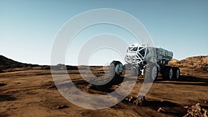 Mars expedition transport, mars rover. Base on alien planet. 3d rendering.