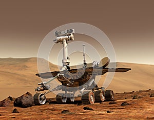 Mars explore mission. The Perseverance rover deploys its equipment against the backdrop of a true Martian landscape. Colony on