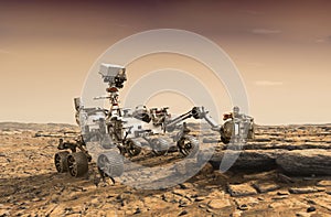 Mars explore mission. The Perseverance rover deploys its equipment against the backdrop of a true Martian landscape. Colony on