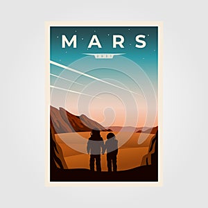 Mars fantastic poster background illustration, astronaut couples space vintage poster illustration design