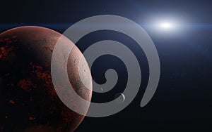 Mars and its moon under sunlight
