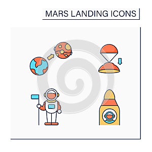 Mars landing color icons set