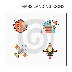 Mars landing color icons set