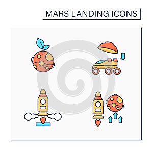 Mars landing color icons set