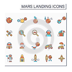 Mars landing color icons set