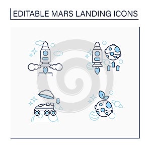 Mars landing line icons set