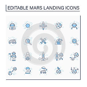 Mars landing line icons set