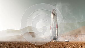 Mars landing space shuttle on the mars surface with white smokes coming out of it`s engine.