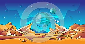 Mars landscape and red rocky planet horizon surface scene outline concept