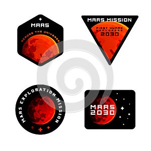 Mars mission emblems concept. Mars exploration logos in colored modern style.