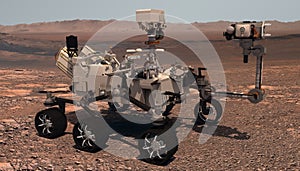 Mars. The Perseverance rover deploys its equipment against the backdrop of a true Martian landscape. Exploring Mission To Mars.