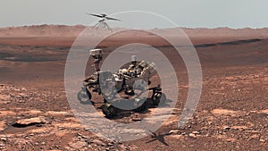 Mars. Perseverance rover and Ingenuity helicopter explore Mars against the backdrop of a real Martian landscape