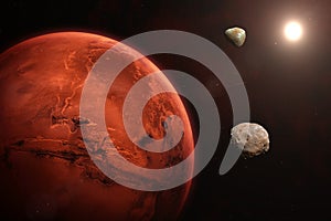 Mars, Phobos, Deimos, nebula and galaxy