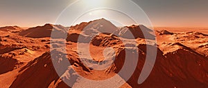 Mars planet landscape, 3d render of imaginary mars planet terrain, orange eroded desert with mountains glaring and sun